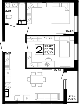2-комн., 55.73 м², 4/14 этаж, ЖК «Горные высоты»