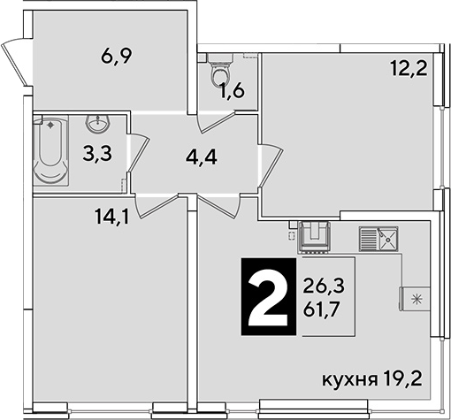 3-комн., 61.7 м², 2/16 этаж, ЖК «Самолет»