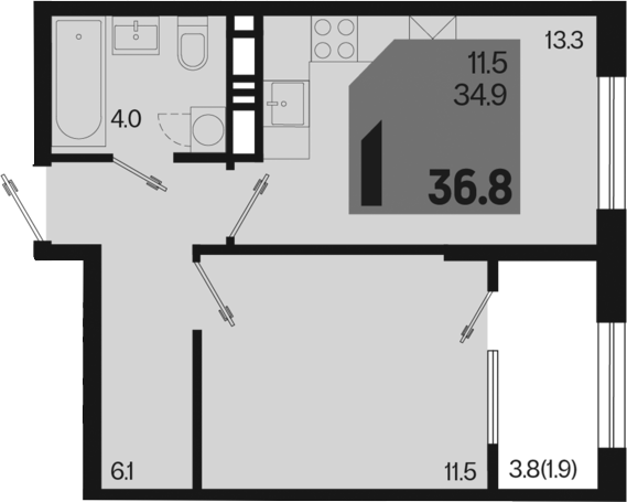 1-комн., 34.9 м², 6/18 этаж, ЖК «Первое место»