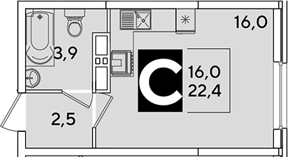 Студия, 22.4 м², 14/16 этаж, ЖК «Самолет»