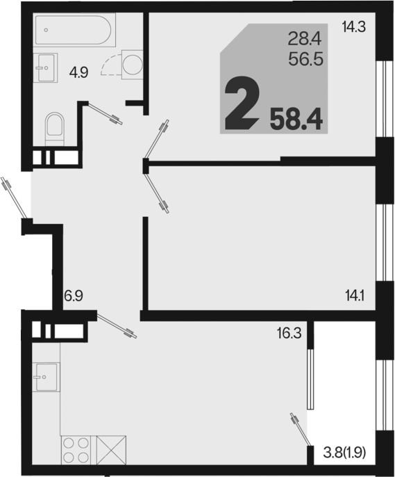 2-комн., 56.5 м², 5/18 этаж, ЖК «Первое место»