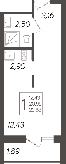 Студия, 20.99 м², 17/19 этаж, ЖК «Кислород»