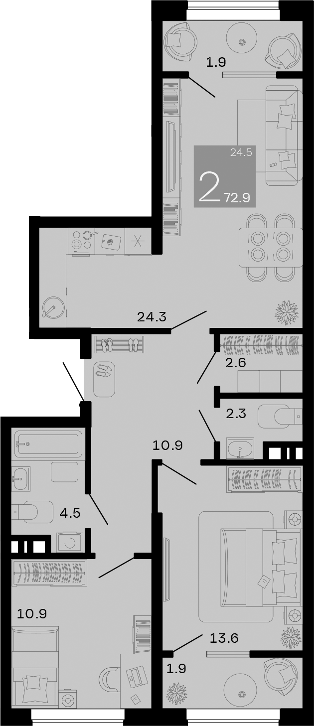 2-комн., 69.1 м², 2/8 этаж, ЖК «Хозяин Морей»