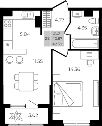 2-комн., 40.87 м², 8/8 этаж, ЖК «Курортный регион»
