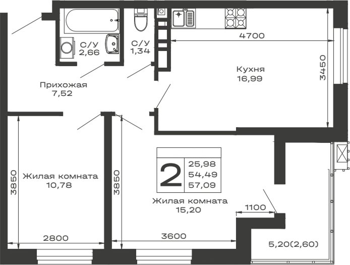 Продается 2-комн. квартира, 54.49 м²
