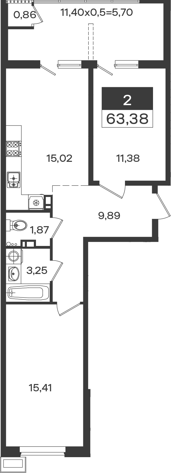 2-комн., 57.68 м², 6/18 этаж, ЖК «Образцово»