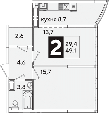 2-комн., 49.1 м², 16/16 этаж, ЖК «Самолет»