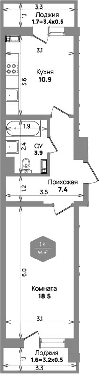 1-комн., 40.7 м², 11/21 этаж, ЖК «Бауинвест»