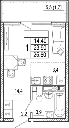 Студия, 23.9 м², 15/15 этаж, ЖК «Лестория»