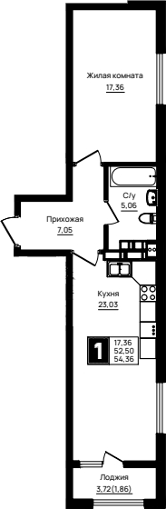 1-комн., 52.5 м², 13/18 этаж, ЖК «Резиденция морей»