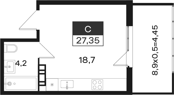 Студия, 22.9 м², 2/4 этаж, ЖК «Новая Елизаветка»