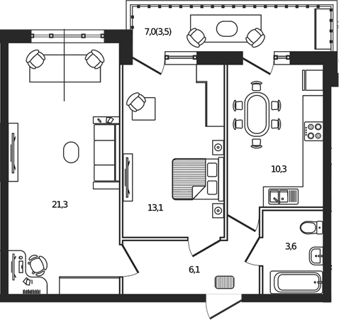2-комн., 54.4 м², 5/7 этаж, ЖК «Сиреневый бульвар»