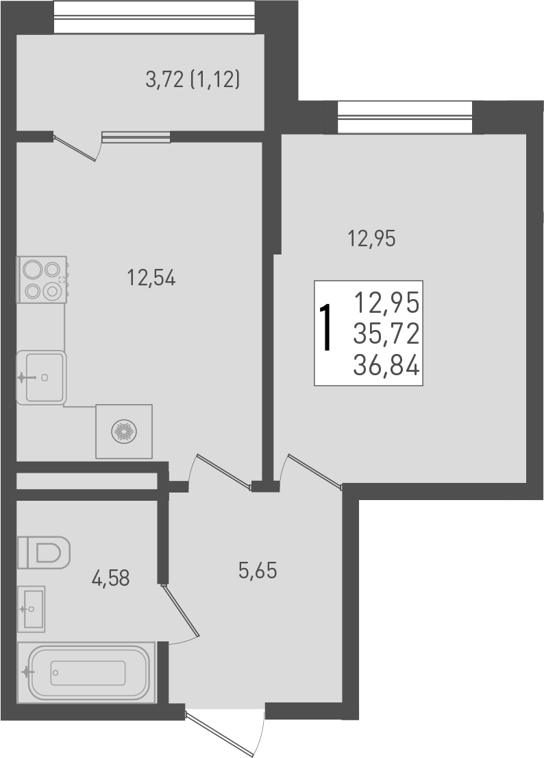 1-комн., 35.72 м², 6/9 этаж, ЖК «Югге»