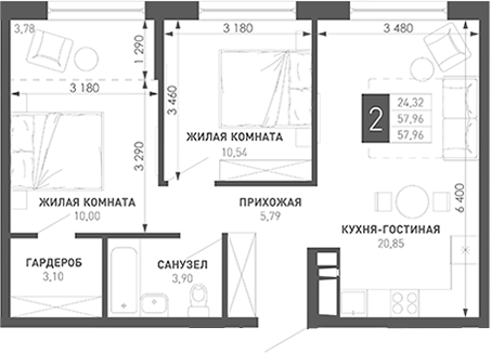 2-комн., 61.3 м², 7/18 этаж, ЖК «Иначе в Молодежном»