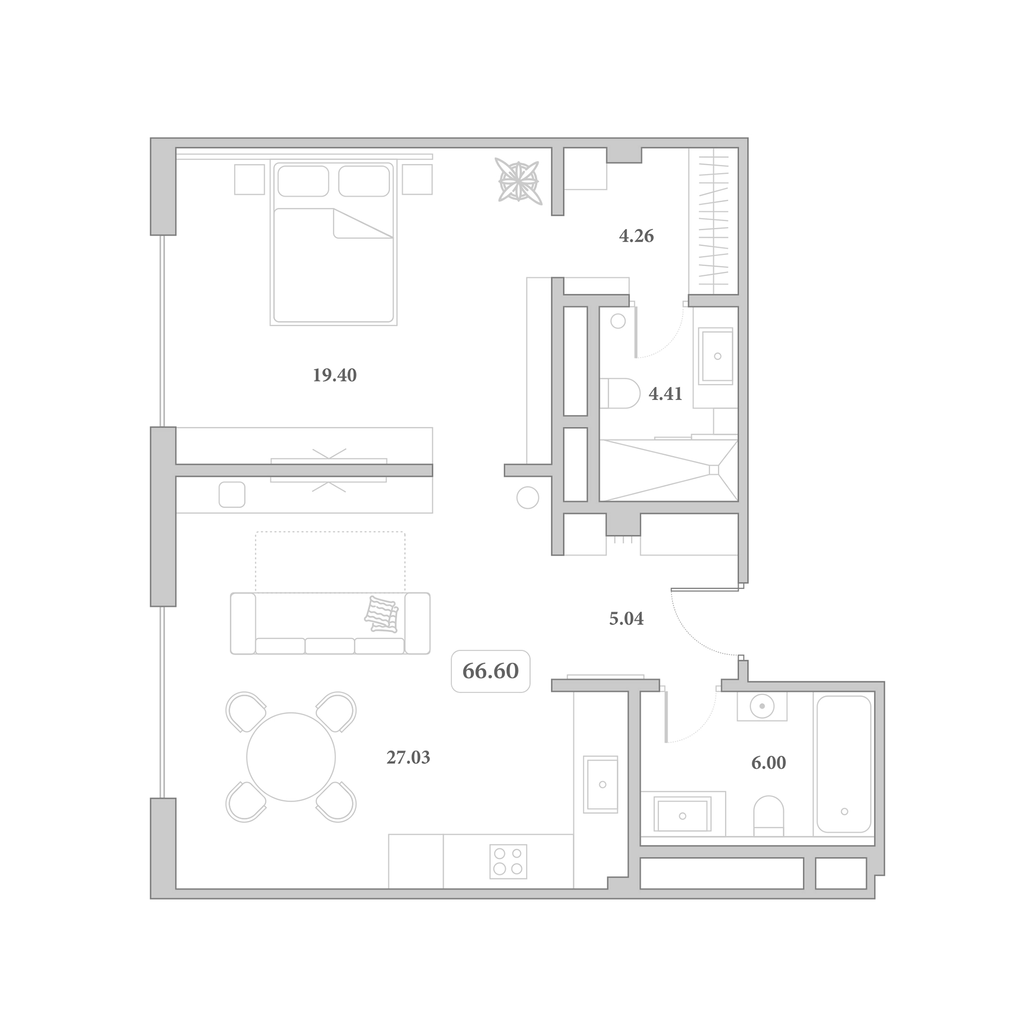 2-комн., 66.6 м², 7/7 этаж, ЖК «Граф Толстой»
