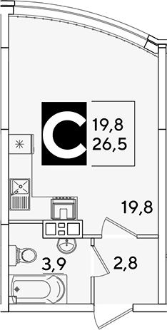 Студия, 26.5 м², 6/16 этаж, ЖК «Самолет»