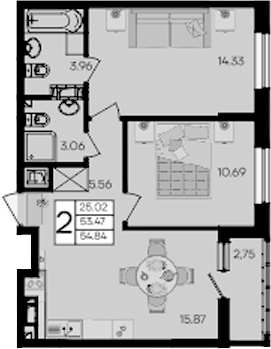 2-комн., 53.47 м², 9/9 этаж, ЖК «Дом 101»