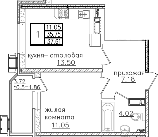 1-комн., 35.75 м², 19/23 этаж, ЖК «Урал»