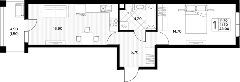 1-комн., 41.5 м², 1/6 этаж, ЖК «Кипарис»