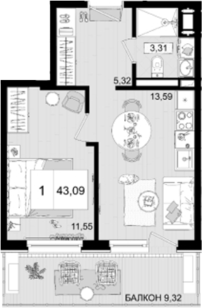 1-комн., 33.77 м², 6/8 этаж, ЖК «IT гостиничный комплекс Корсаков»