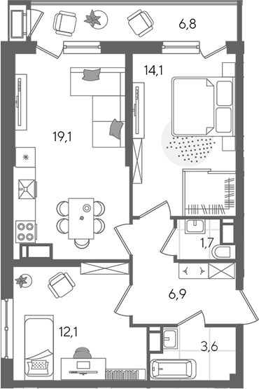 3-комн., 57.5 м², 23/24 этаж, ЖК «Рекорд»