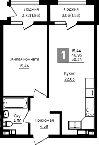 1-комн., 46.95 м², 2/9 этаж, ЖК «Резиденция морей»