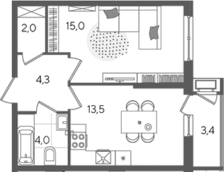1-комн., 38.8 м², 2/24 этаж, ЖК «Рекорд»