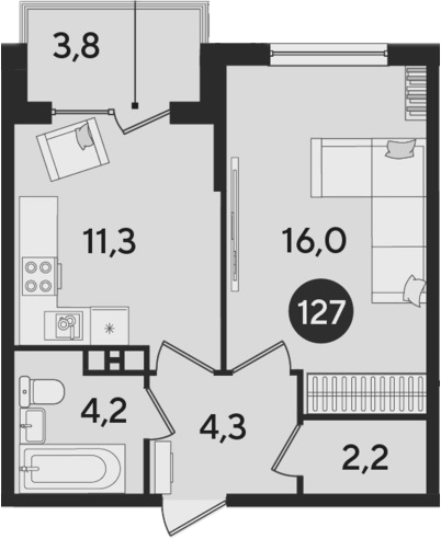 1-комн., 38 м², 3/9 этаж, ЖК «Парк Победы»