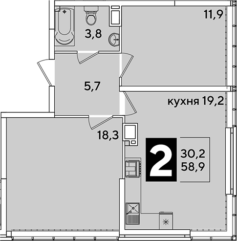 3-комн., 58.9 м², 15/16 этаж, ЖК «Самолет»