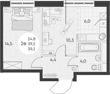 2-комн., 39.2 м², 7/14 этаж, ЖК «Грин Эппл»