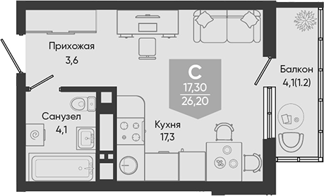 Студия, 25 м², 15/24 этаж, ЖК «Облака»