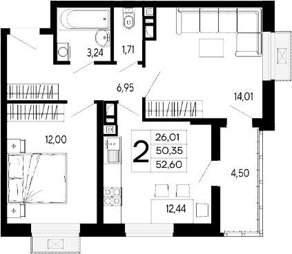 2-комн., 50.35 м², 12/16 этаж, ЖК «Эпос»