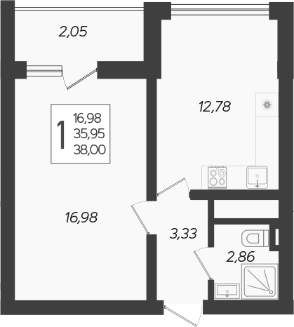 1-комн., 35.95 м², 3/19 этаж, ЖК «Кислород»