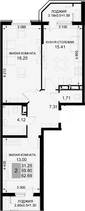 2-комн., 59.8 м², 12/18 этаж, ЖК «Фонтаны»