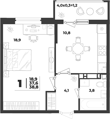 1-комн., 37.6 м², 8/9 этаж, ЖК «Лето»