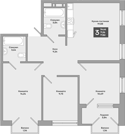3-комн., 73.75 м², 2/9 этаж, ЖК «Иначе в Молодежном»