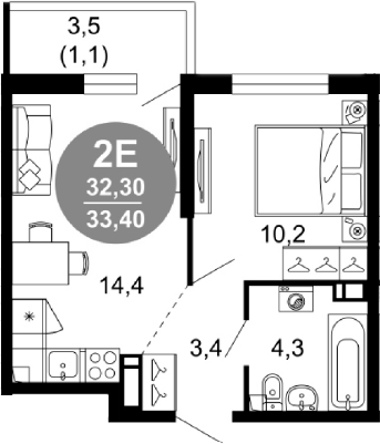 2-комн., 32.3 м², 2/17 этаж, ЖК «Лестория»