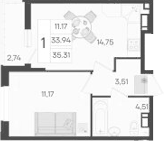 1-комн., 33.94 м², 9/9 этаж, ЖК «Дом 101»