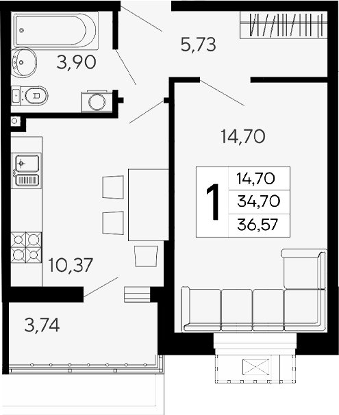 1-комн., 34.7 м², 2/16 этаж, ЖК «Эпос»