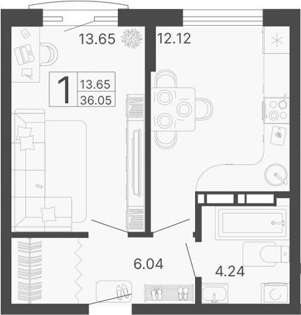 1-комн., 36.05 м², 11/20 этаж, ЖК «Светский лес»