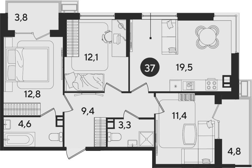 4+ комнаты, 73.1 м², 3/9 этаж, ЖК «Парк Победы»