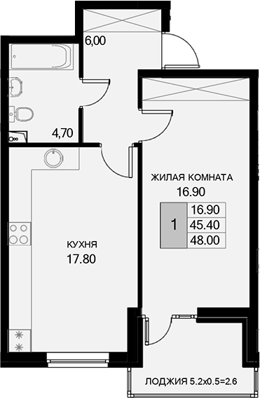 1-комн., 45.4 м², 2/7 этаж, ЖК «История»
