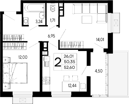2-комн., 50.35 м², 7/16 этаж, ЖК «Эпос»