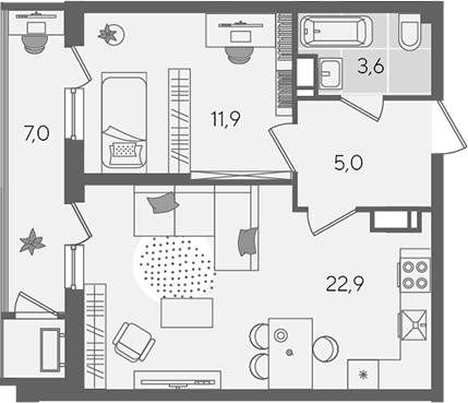 2-комн., 43.4 м², 24/24 этаж, ЖК «Рекорд»
