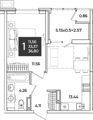 Продается 1-комн. квартира, 33.37 м²