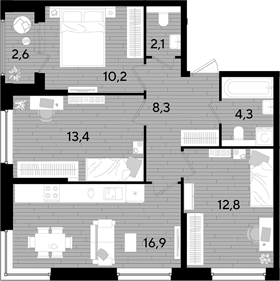 3-комн., 68 м², 2/16 этаж, ЖК «DОГМА ПАРК»
