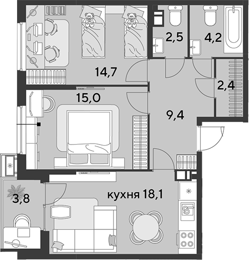 3-комн., 66.3 м², 3/9 этаж, ЖК «Парк Победы»