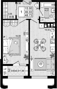 1-комн., 46.93 м², 4/8 этаж, ЖК «Резиденция морей»