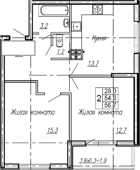 2-комн., 54.8 м², 1/4 этаж, ЖК «Эво»