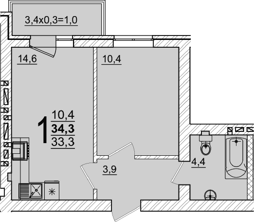 1-комн., 33.3 м², 5/5 этаж, ЖК «Дарград»